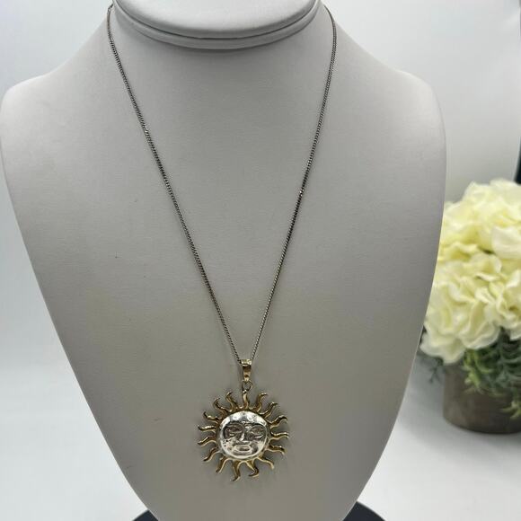 Mexico Vintage Handmade Sterling and Gold Sun Face Two Tone Pendant Necklace - Picture 1 of 13